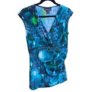 Frank Lyman Womens Animal Print Blue Green Sleeveless Crossover V Neck Top Sz 12